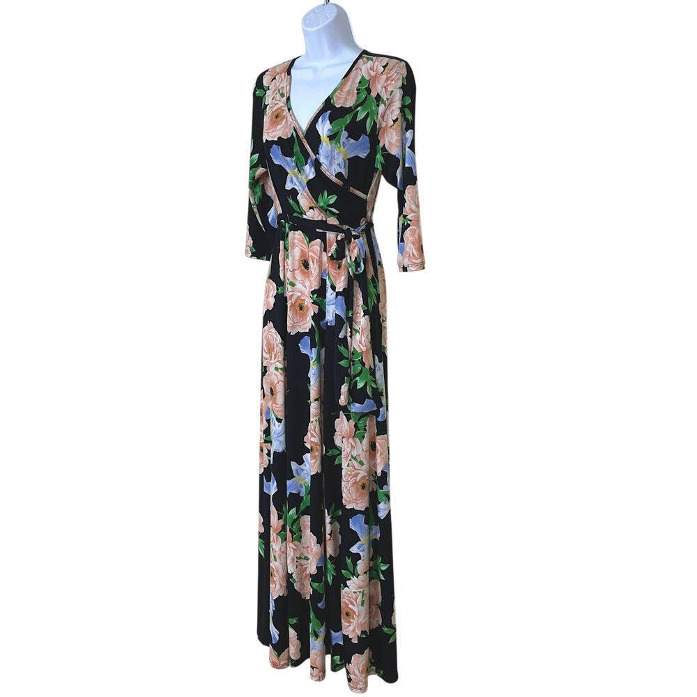 PinkBlush Maternity Maxi Dress L Black Floral Wrap V-Neck 3/4 Sleeve Baby Shower